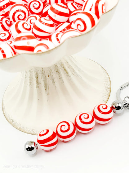 15mm Printed Red & White Swirl Print Silicone Beads – Christmas Round Beads for Pens & Wristlets