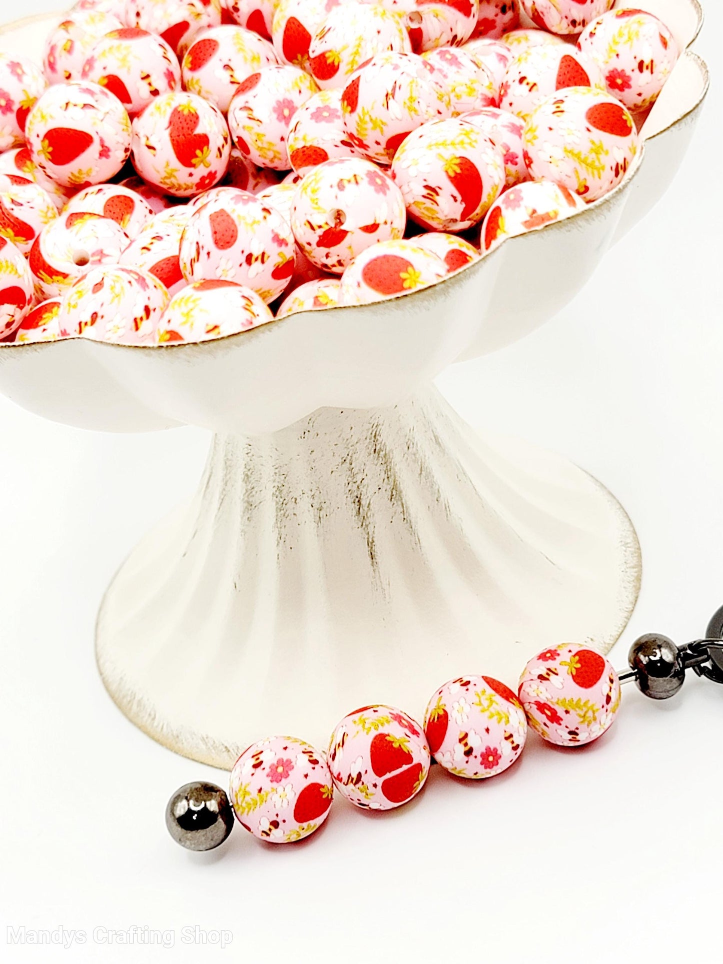 15mm Printed Strawberry Garden Print Silicone Beads – Fruit Round Beads for Pens & Wristlets