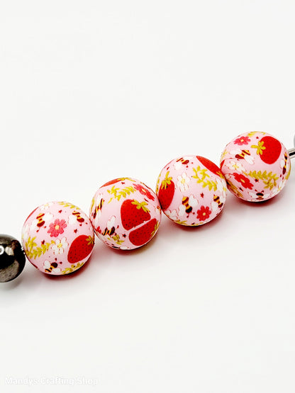 15mm Printed Strawberry Garden Print Silicone Beads – Fruit Round Beads for Pens & Wristlets