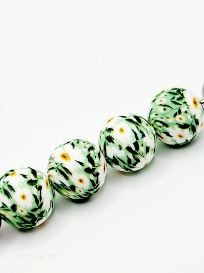 15mm Printed Green & White Floral Print Silicone Bead – Floral Round Beads for Pens & Wristlets