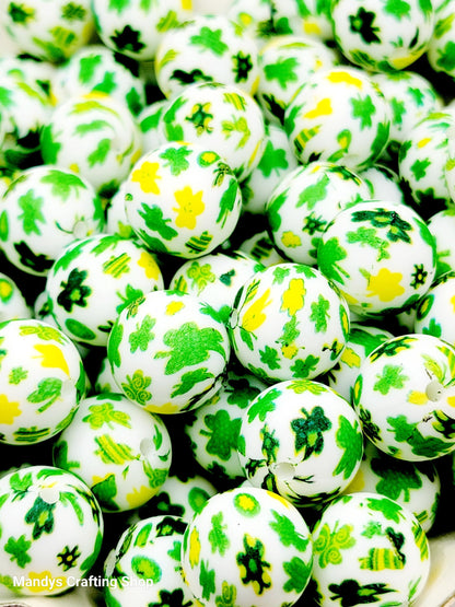 15mm Printed St. Patrick’s Day Shamrock Silicone Bead – Green & Gold Clover Round Beads for Pens & Wristlets