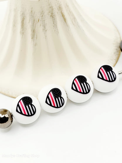 15mm Printed Firefighter Flag Heart Silicone Bead – Thin Red Line Round Beads for Pens & Crafts