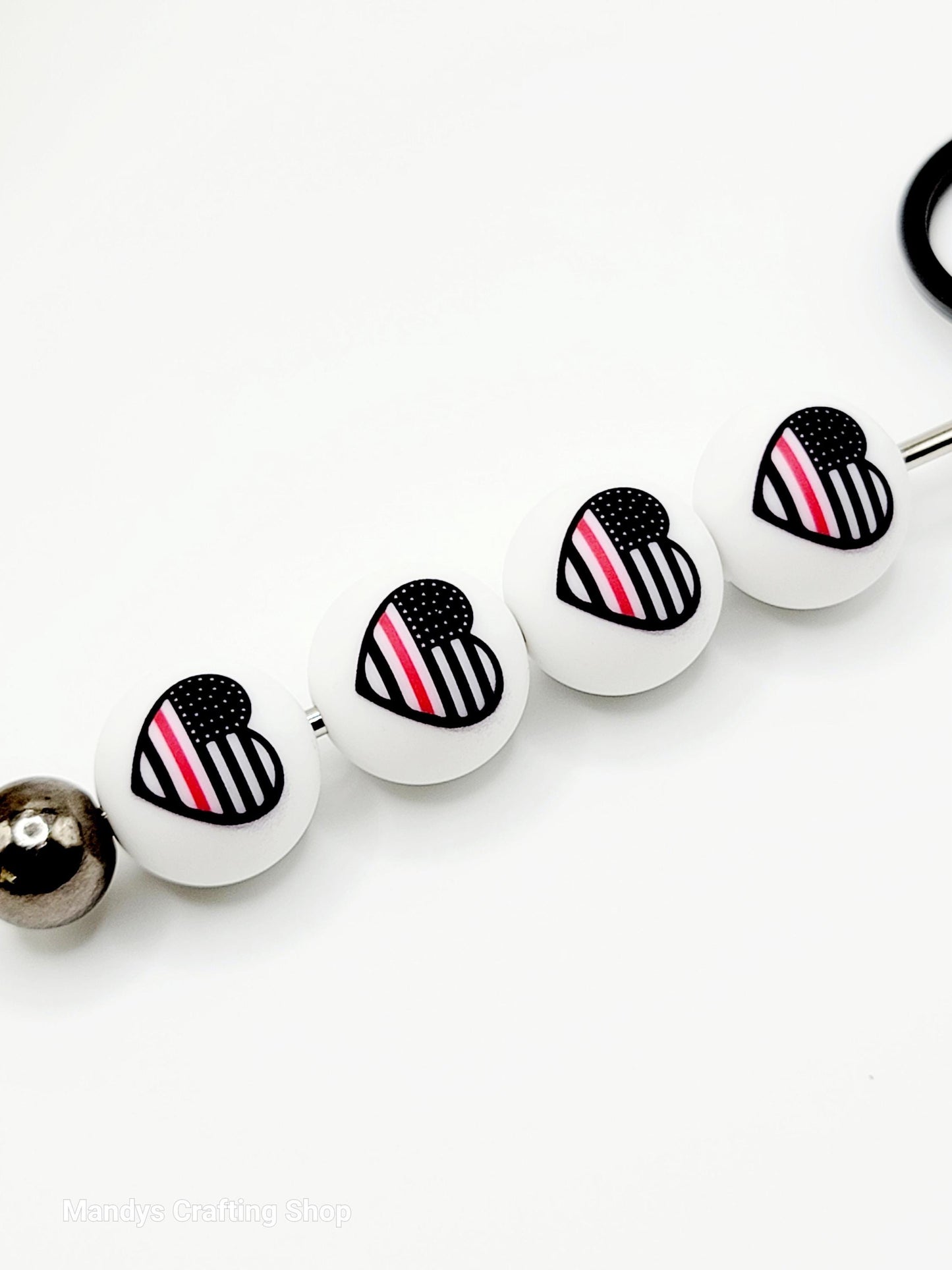 15mm Printed Firefighter Flag Heart Silicone Bead – Thin Red Line Round Beads for Pens & Crafts