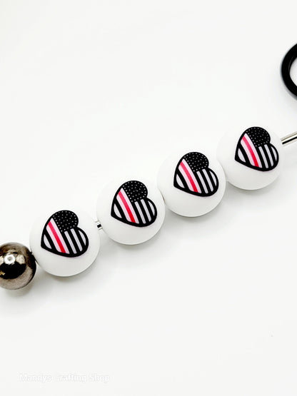 15mm Printed Firefighter Flag Heart Silicone Bead – Thin Red Line Round Beads for Pens & Crafts
