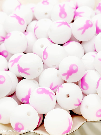 15mm Printed Pink Easter Bunny Silicone Bead – Bunny Rabbit Round Beads for Pens & DIY Crafts