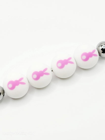 15mm Printed Pink Easter Bunny Silicone Bead – Bunny Rabbit Round Beads for Pens & DIY Crafts