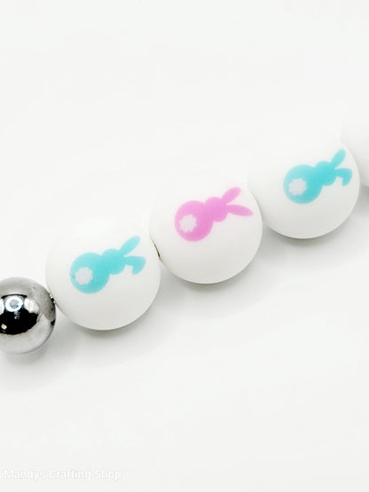 15mm Printed Blue Easter Bunny Silicone Bead – Rabbit Round Beads for Pens & DIY Crafts
