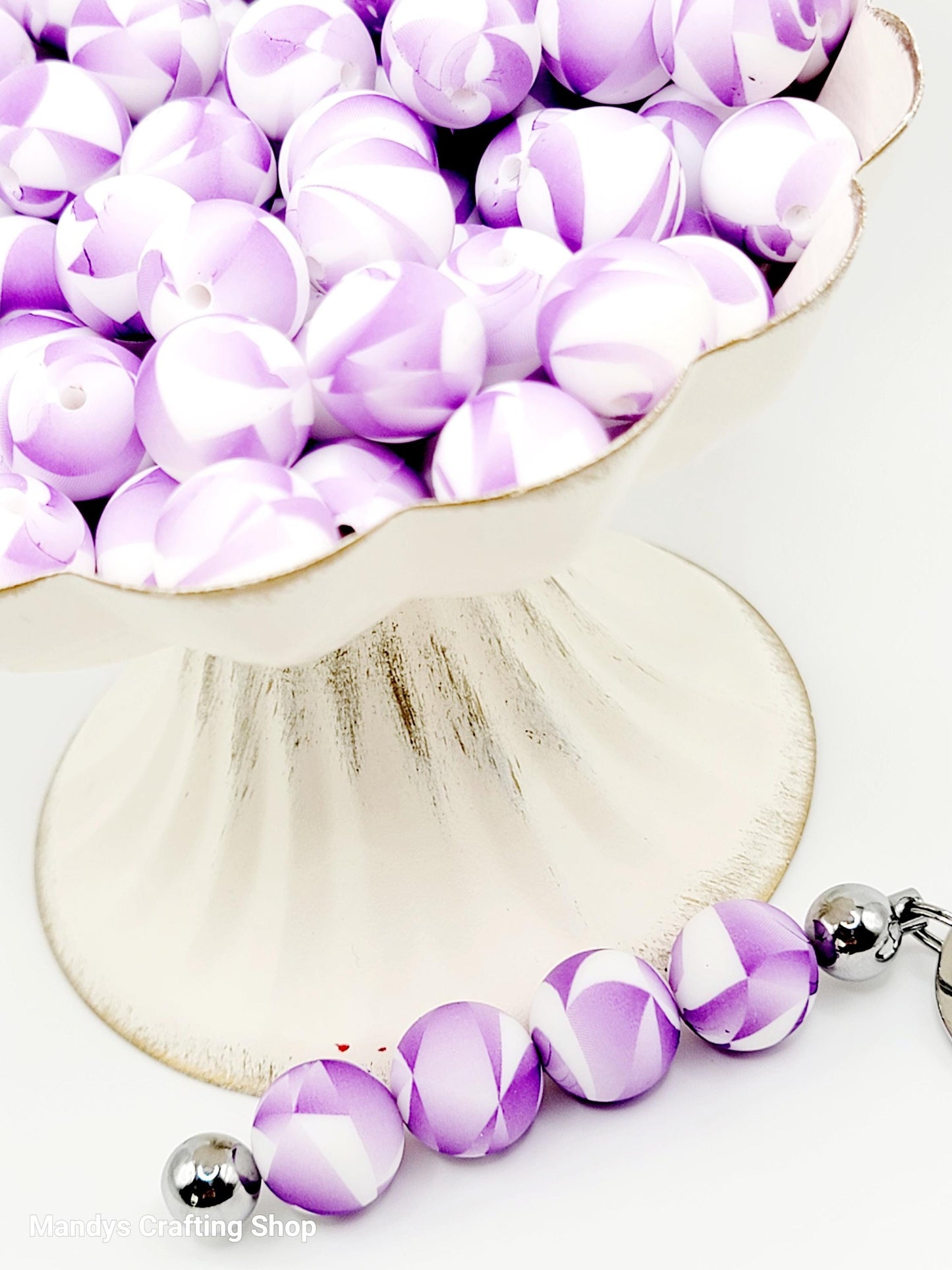 15mm Printed Purple & White Swirl Print Silicone Bead – Round Spacer Beads for Pens & Wristlets