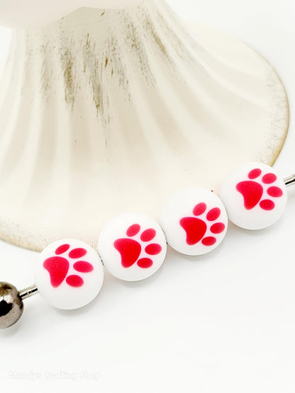 15mm Printed White & Red Paw Print Silicone Beads – Round Dog Paw Beads for Pens & Wristlets