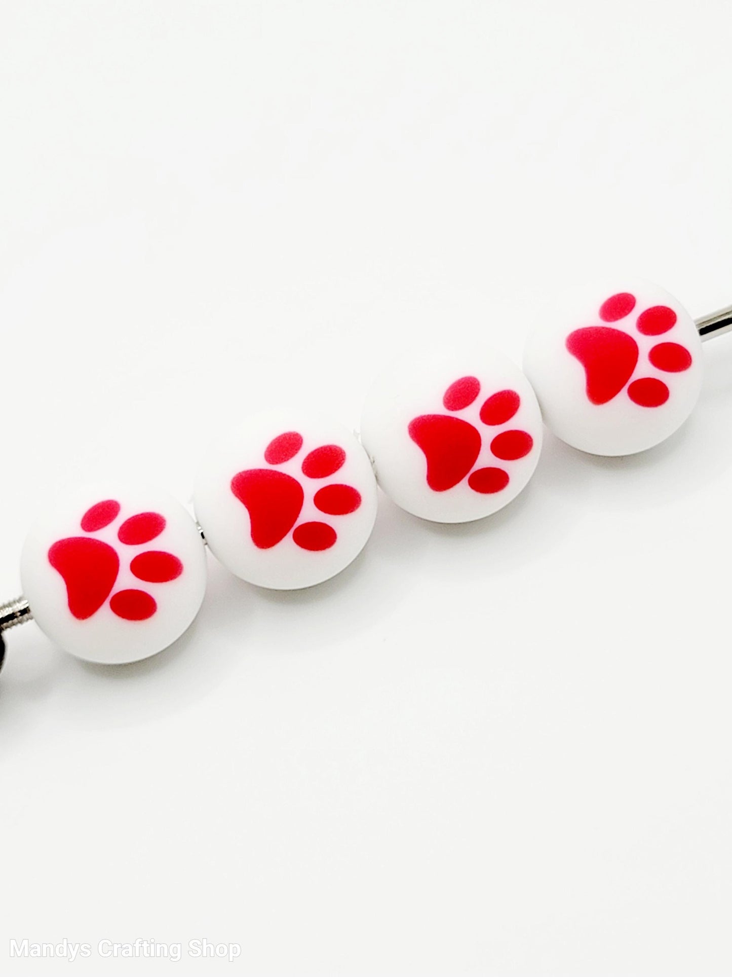 15mm Printed White & Red Paw Print Silicone Beads – Round Dog Paw Beads for Pens & Wristlets