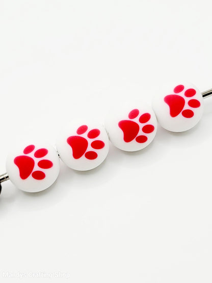 15mm Printed White & Red Paw Print Silicone Beads – Round Dog Paw Beads for Pens & Wristlets