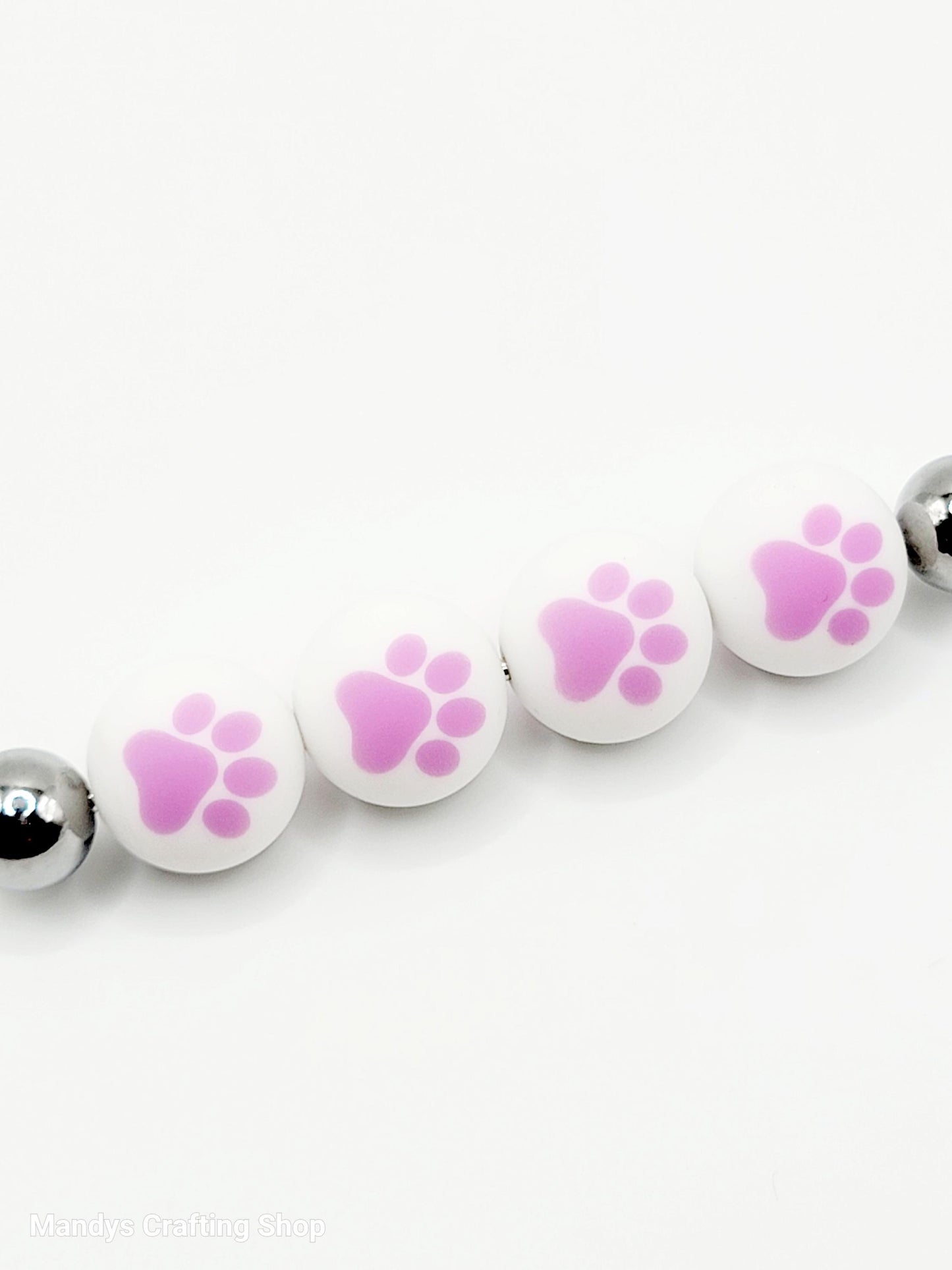 15mm Printed White & Lilac Purple Paw Print Silicone Beads – Round Paw Beads for Pens & Wristlets