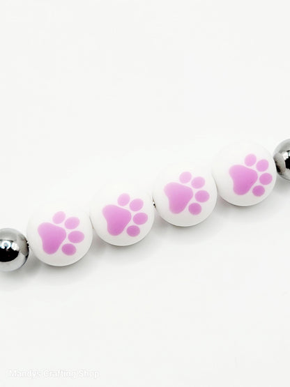 15mm Printed White & Lilac Purple Paw Print Silicone Beads – Round Paw Beads for Pens & Wristlets