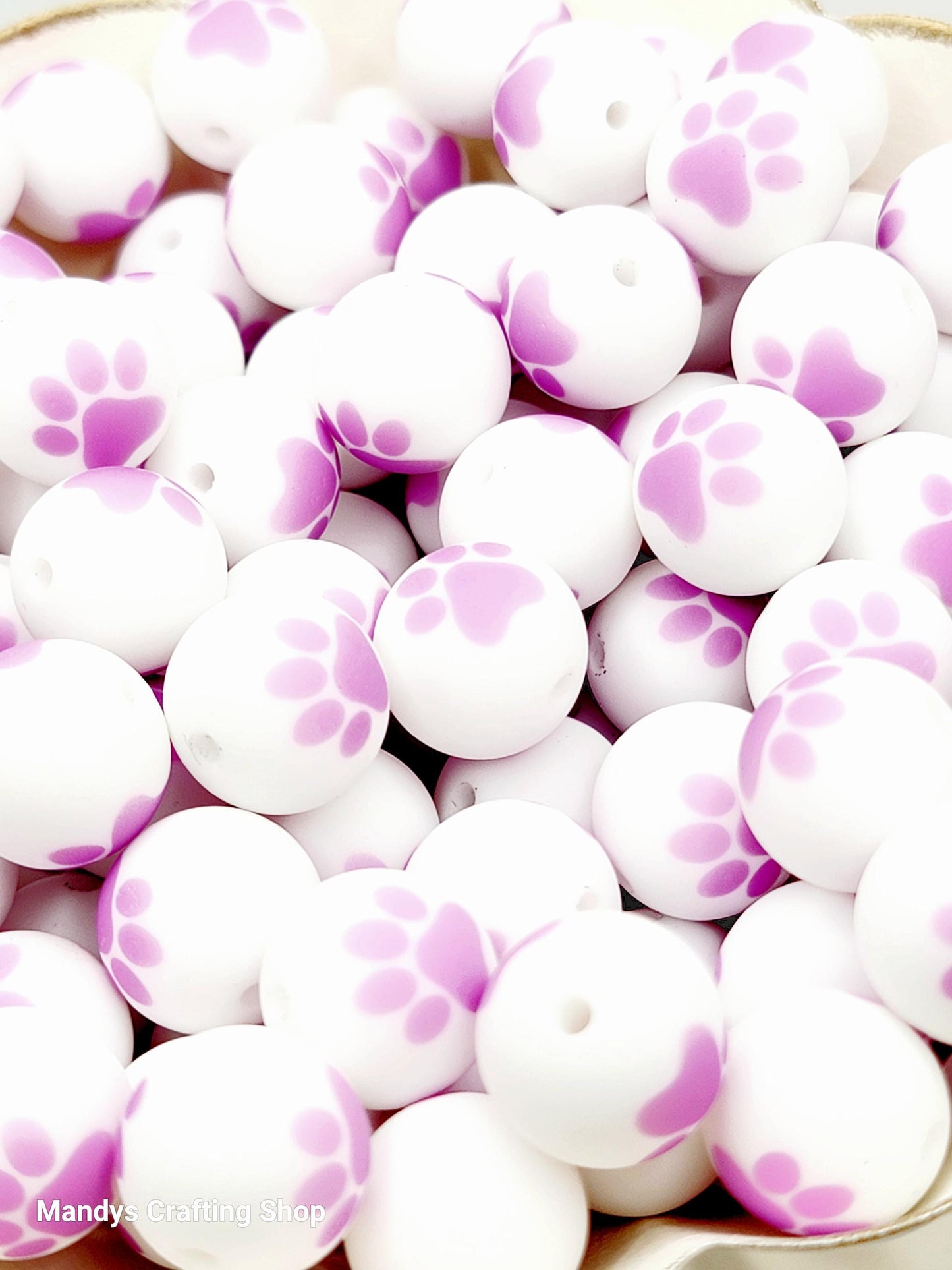 15mm Printed White & Lilac Purple Paw Print Silicone Beads – Round Paw Beads for Pens & Wristlets