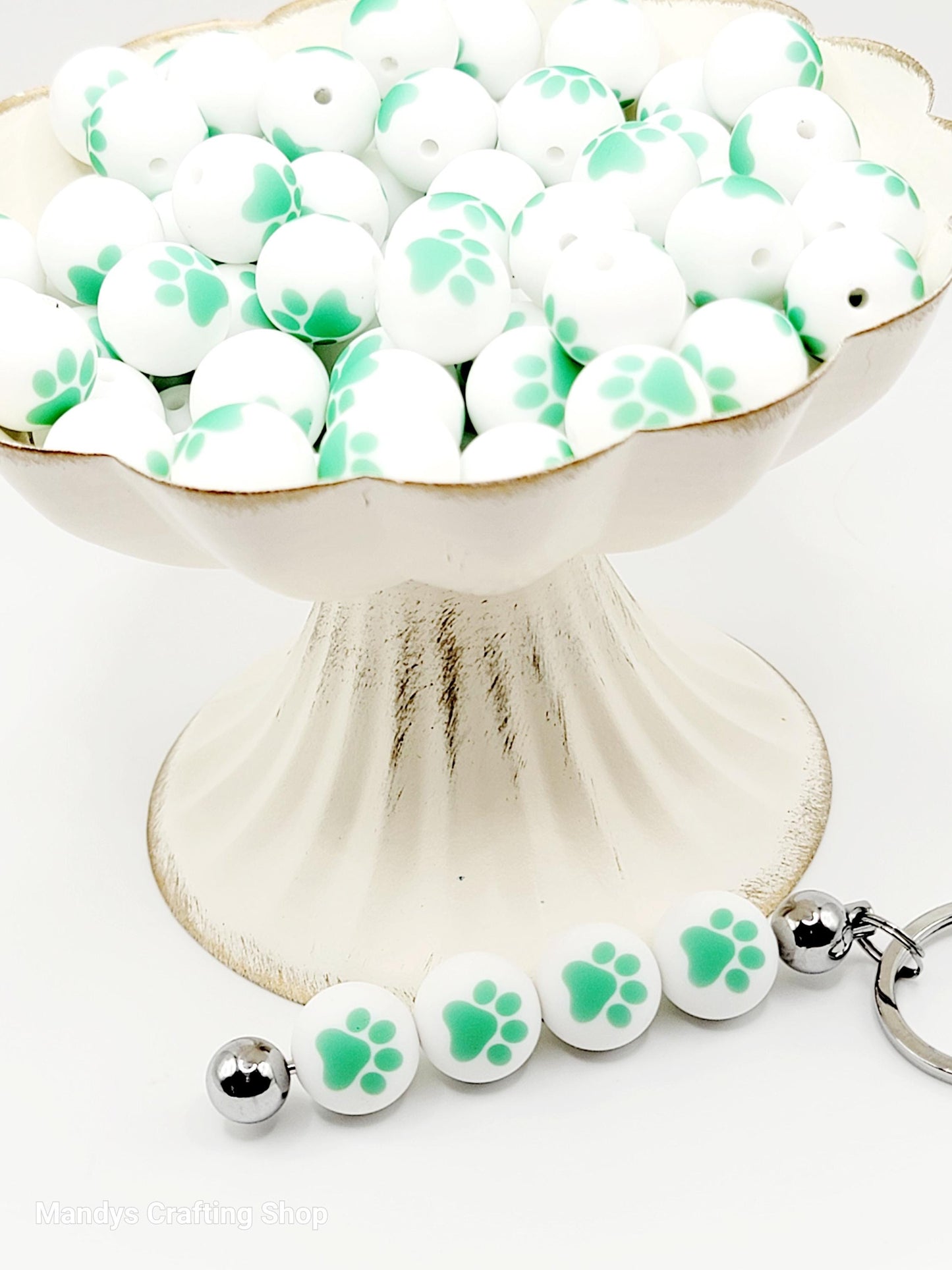 15mm Printed White & Mint Green Paw Print Silicone Beads – Pet Paw Print Theme Beads for Pens & Wristlets