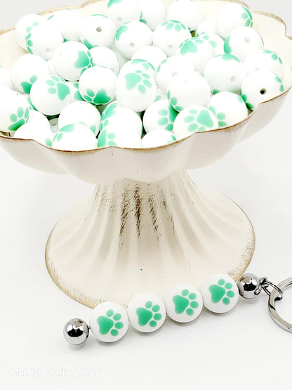15mm Printed White & Mint Green Paw Print Silicone Beads – Pet Paw Print Theme Beads for Pens & Wristlets