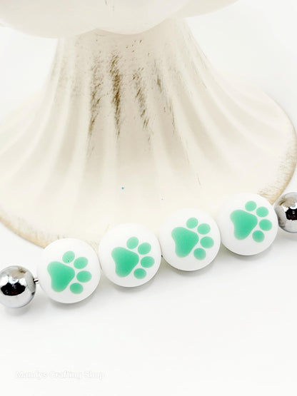 15mm Printed White & Mint Green Paw Print Silicone Beads – Pet Paw Print Theme Beads for Pens & Wristlets