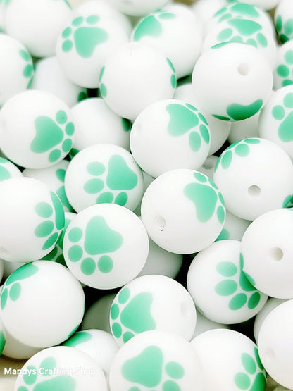 15mm Printed White & Mint Green Paw Print Silicone Beads – Pet Paw Print Theme Beads for Pens & Wristlets