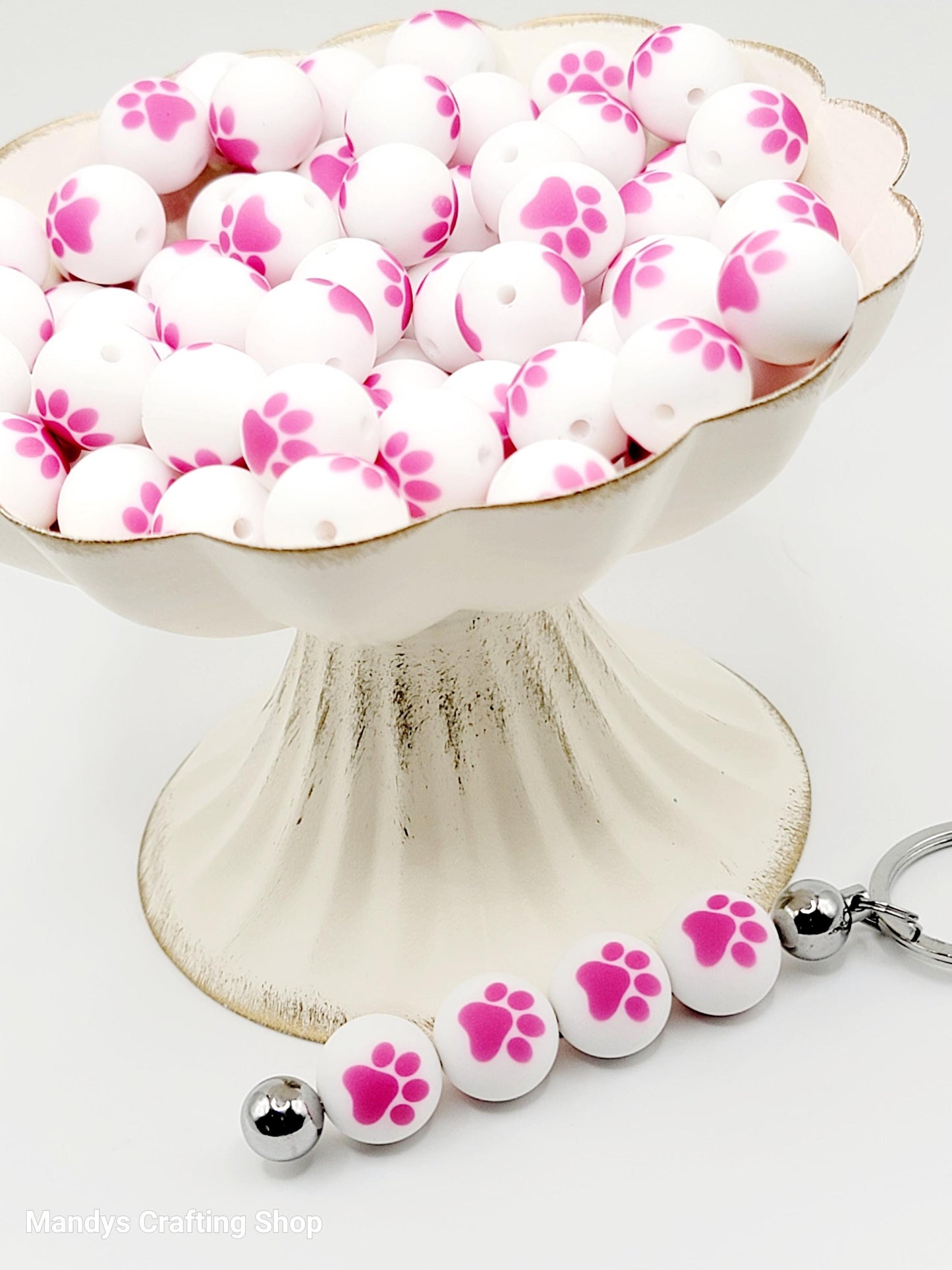 15mm Printed White & Pink Paw Print Silicone Beads – Pet Paw Print Beads for Pens & Wristlets