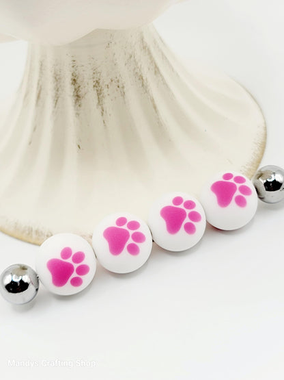 15mm Printed White & Pink Paw Print Silicone Beads – Pet Paw Print Beads for Pens & Wristlets