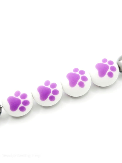15mm Printed White & Purple Paw Print Silicone Beads – Paw Print Round Pet Beads for Pens & Wristlets