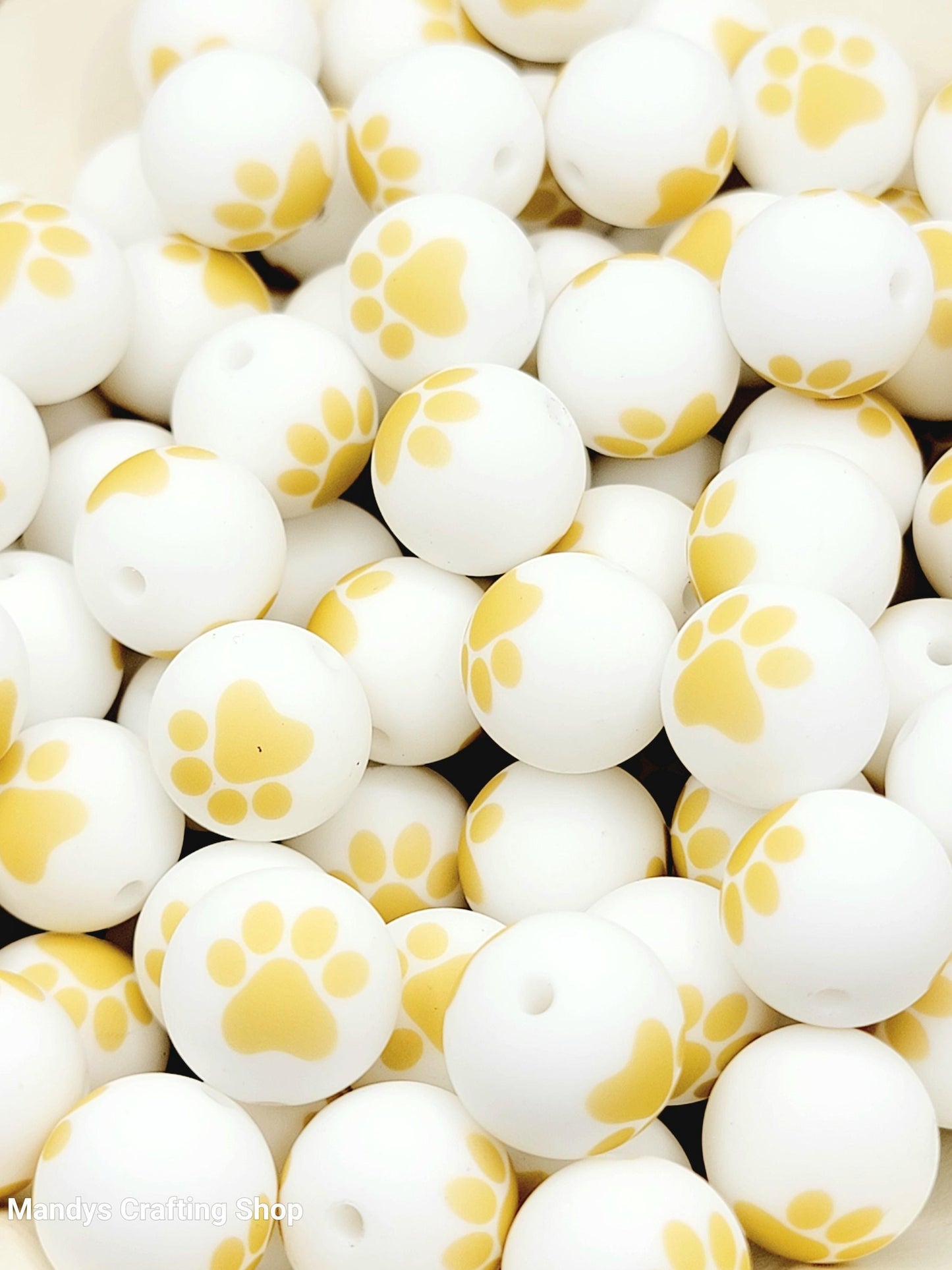 15mm Printed White & Khaki Beige Paw Print Silicone Beads – Pet Paw Print Theme Beads for Pens & Wristlets