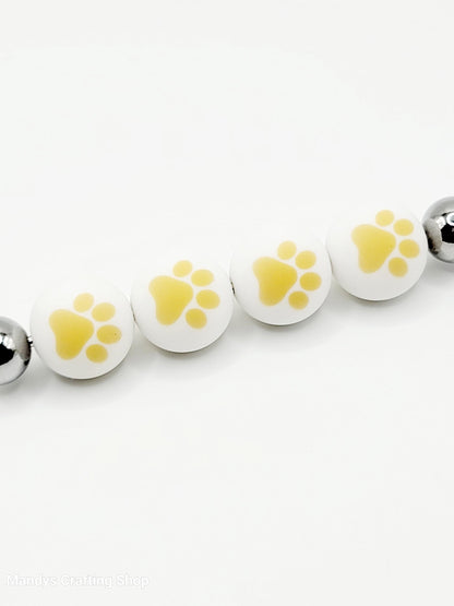 15mm Printed White & Khaki Beige Paw Print Silicone Beads – Pet Paw Print Theme Beads for Pens & Wristlets