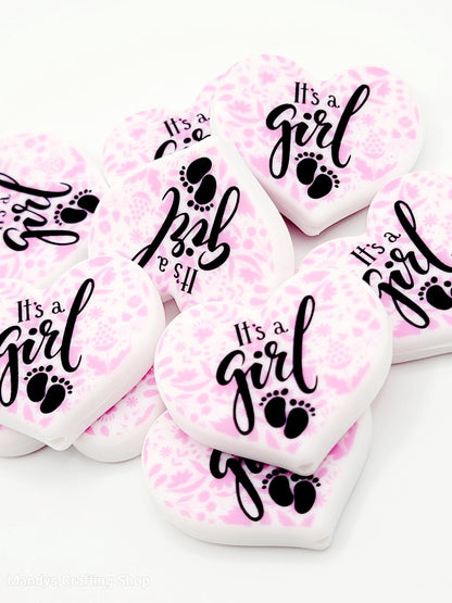 It’s a Girl Heart Focal Bead – Pink Baby Shower Printed Silicone Pen & Keychain Bead (Set of 2)