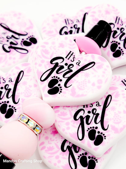 It’s a Girl Heart Focal Bead – Pink Baby Shower Printed Silicone Pen & Keychain Bead (Set of 2)