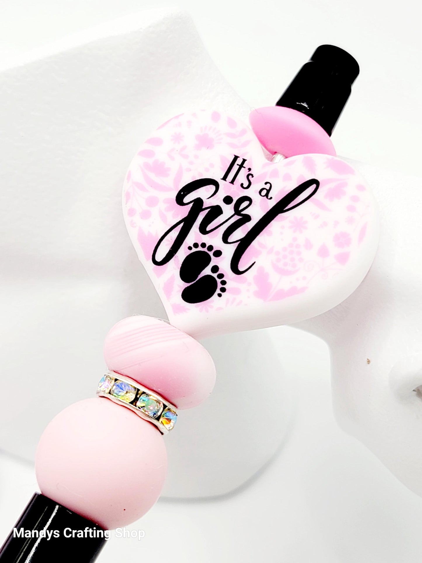 It’s a Girl Heart Focal Bead – Pink Baby Shower Printed Silicone Pen & Keychain Bead (Set of 2)