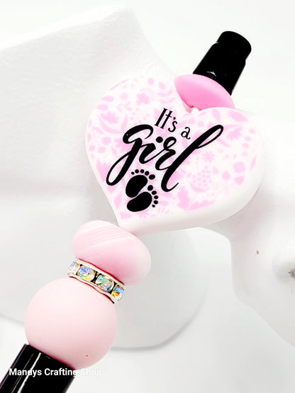 It’s a Girl Heart Focal Bead – Pink Baby Shower Printed Silicone Pen & Keychain Bead (Set of 2)