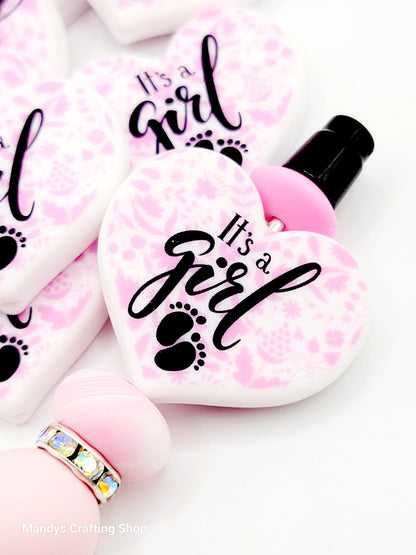 It’s a Girl Heart Focal Bead – Pink Baby Shower Printed Silicone Pen & Keychain Bead (Set of 2)