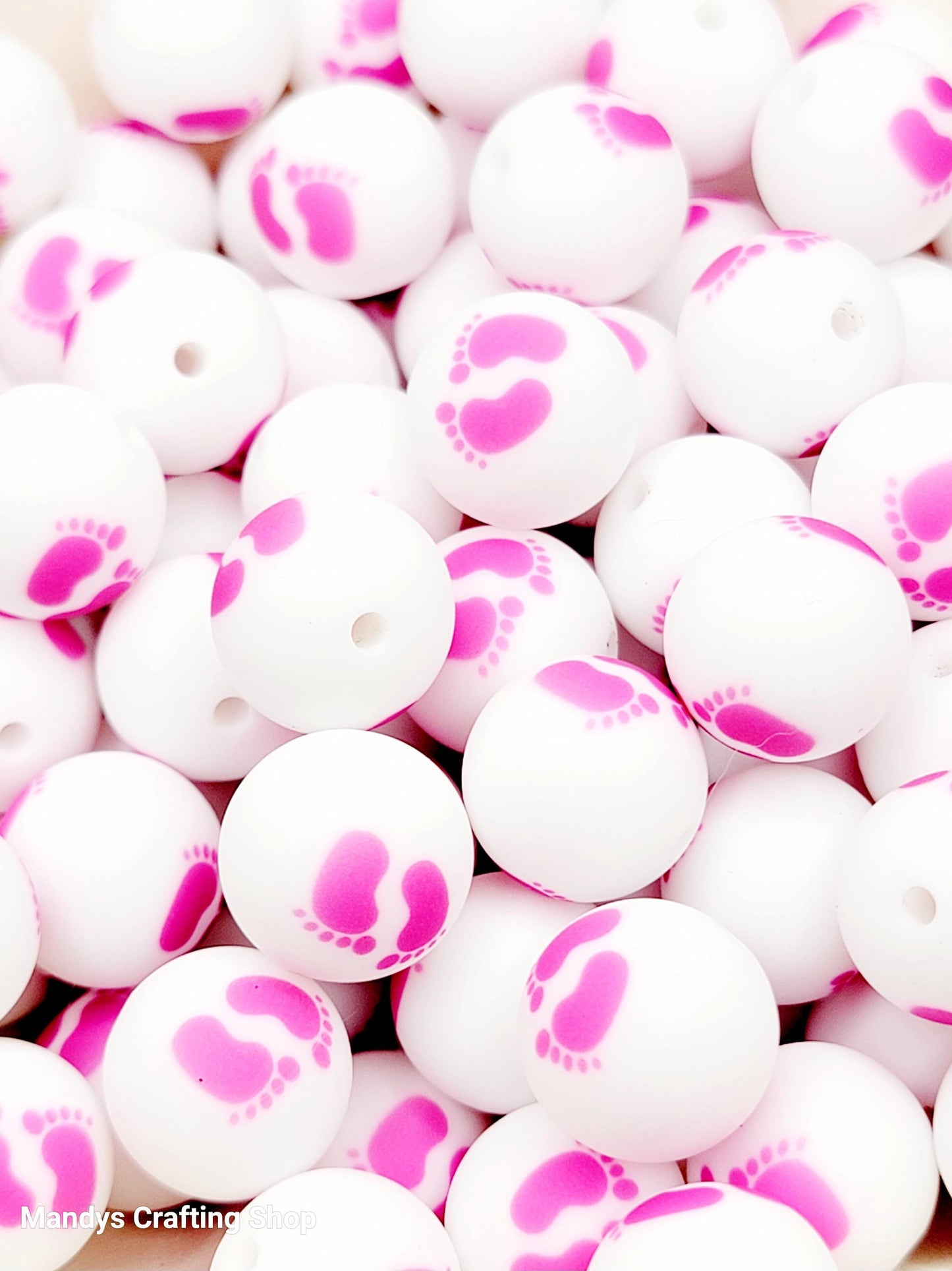 15mm Printed Pink & White Baby Footprint Silicone Bead – “It’s A Girl” Baby Shower Beads for Pens & Keychains