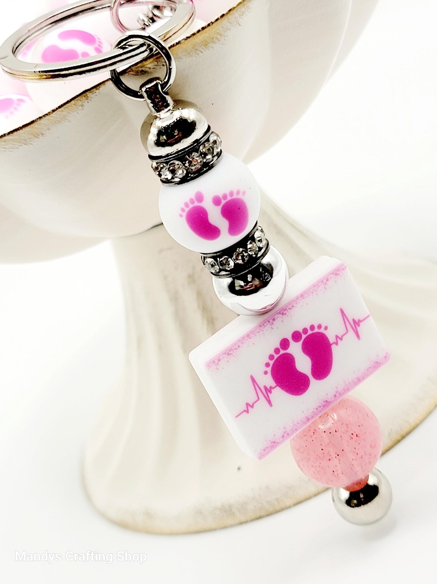 15mm Printed Pink & White Baby Footprint Silicone Bead – “It’s A Girl” Baby Shower Beads for Pens & Keychains