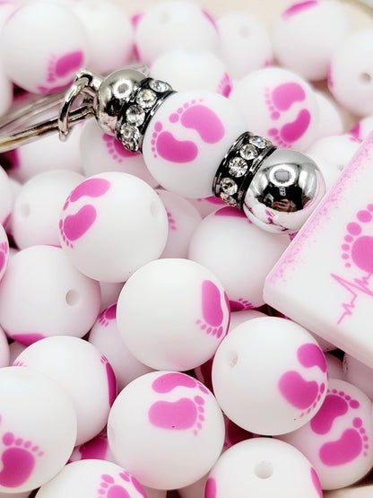 15mm Printed Pink & White Baby Footprint Silicone Bead – “It’s A Girl” Baby Shower Beads for Pens & Keychains