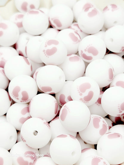 15mm Printed Mauve & White Baby Footprint Silicone Bead – Baby Shower Round Beads for Pens & Keychains