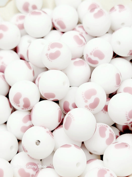15mm Printed Mauve & White Baby Footprint Silicone Bead – Baby Shower Round Beads for Pens & Keychains