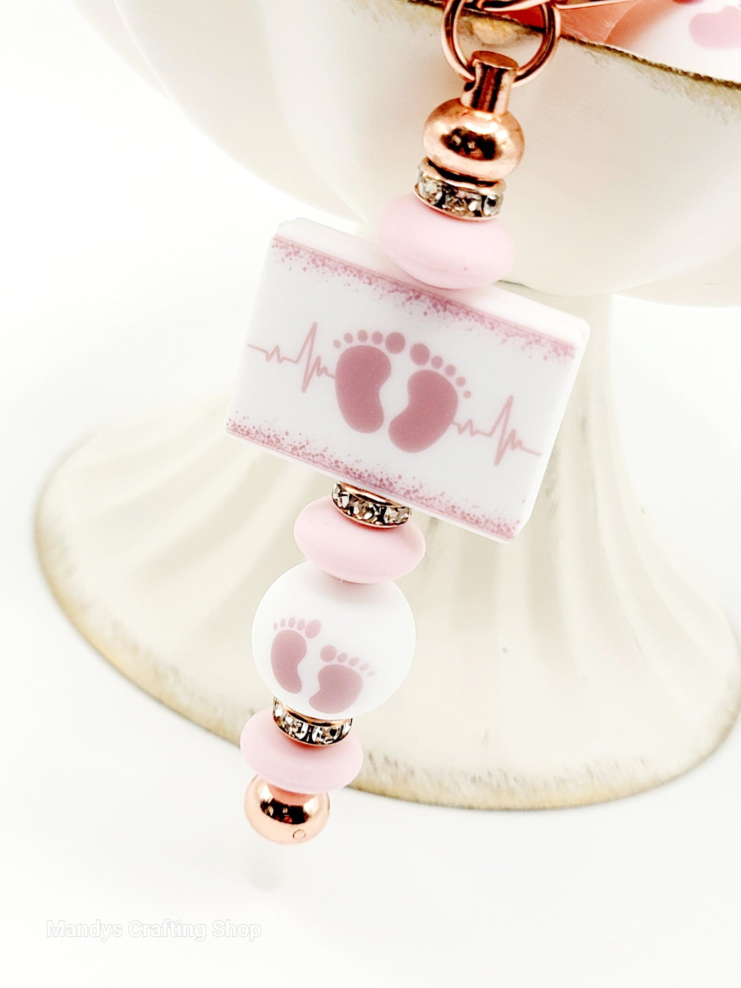 15mm Printed Mauve & White Baby Footprint Silicone Bead – Baby Shower Round Beads for Pens & Keychains