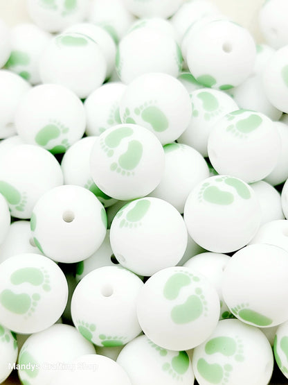 15mm Printed Mint Green & White Baby Footprint Silicone Bead – Baby Shower Round Beads for Pens & Keychains