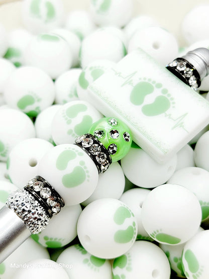 15mm Printed Mint Green & White Baby Footprint Silicone Bead – Baby Shower Round Beads for Pens & Keychains