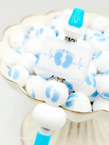 15mm Printed Mint Green & White Baby Footprint Silicone Bead – Baby Shower Round Beads for Pens & Keychains