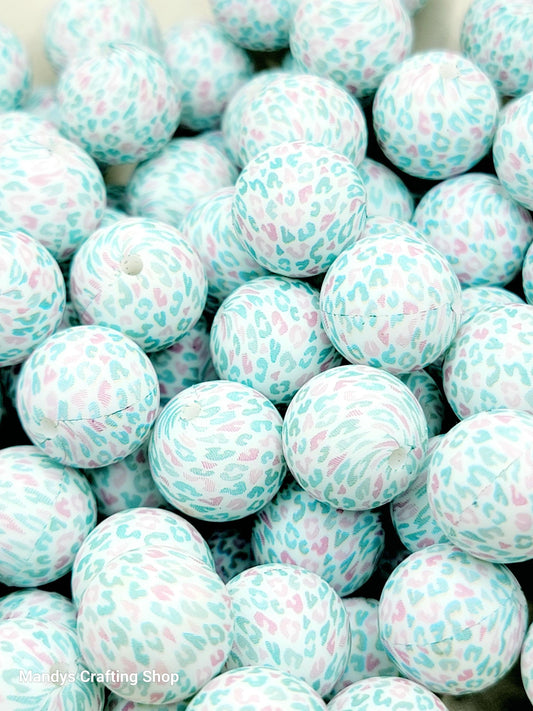 15mm Printed Blue & Pink Leopard Print Silicone Bead – Round Animal Beads for Pens & Wristlets