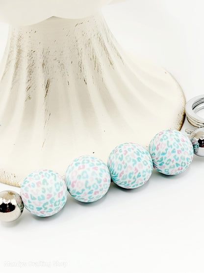 15mm Printed Blue & Pink Leopard Print Silicone Bead – Round Animal Beads for Pens & Wristlets