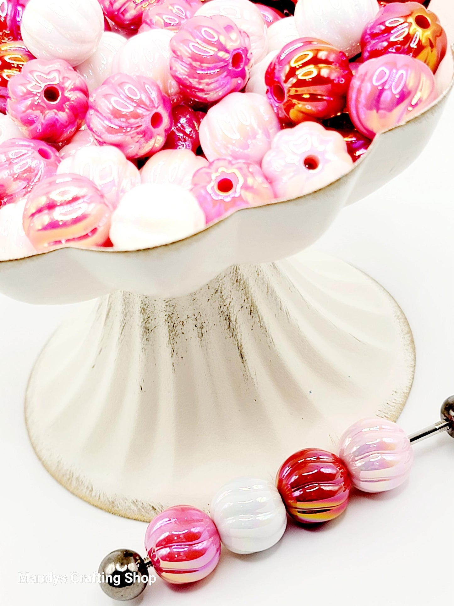 16mm Valentine Ribbed Acrylic Beads (Set of 10) – Pumpkin Style Pearl Finish Mix