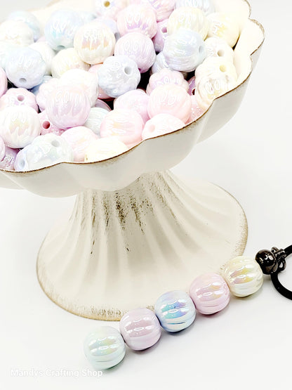 16mm Pastel Ribbed Acrylic Beads (Set of 10) – Pumpkin Style Pearl Finish