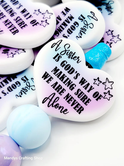 Sister Heart Focal Bead – “A Sister Is God’s Way of…” Printed Silicone Pen & Keychain Bead (Set of 2)