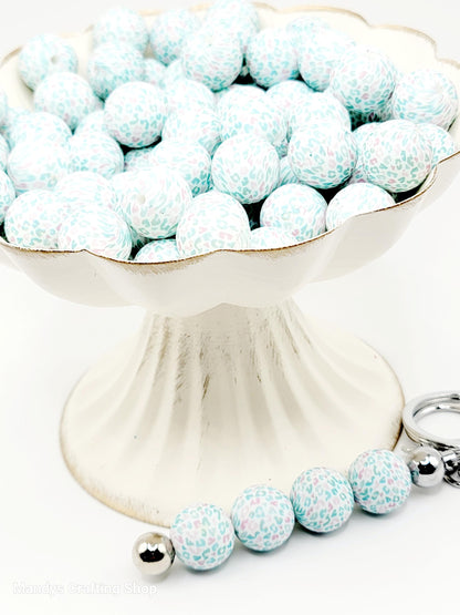 15mm Printed Blue & Pink Leopard Print Silicone Bead – Round Animal Beads for Pens & Wristlets
