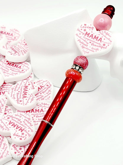 Mama Heart Focal Bead – “Mama” Printed Silicone Pen & Keychain Bead (Set of 2)