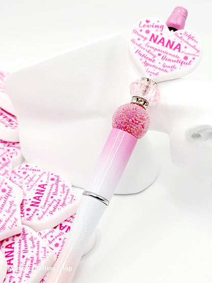 Pink Nana Heart Focal Bead – Printed Silicone Mother’s Day Pen & Keychain Bead (Set of 2)
