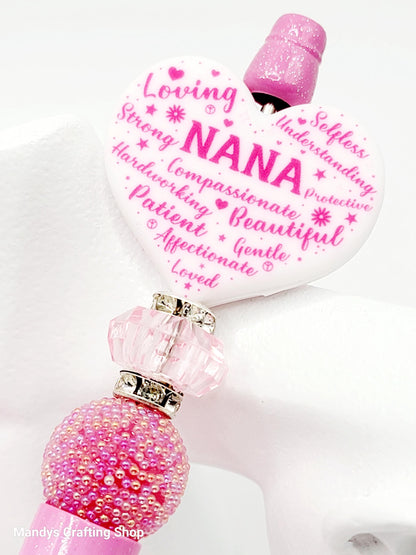 Pink Nana Heart Focal Bead – Printed Silicone Mother’s Day Pen & Keychain Bead (Set of 2)